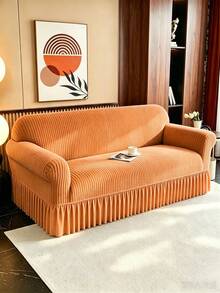 1 Buah Sarung Sofa Oranye, Kain Fleece, Anti Selip, Elastis, Dekoratif, Pola Ukiran Garis Lurus Jacquard, Cocok Untuk Sofa Lurus 2 Sandaran Tangan, Tersedia 4 Ukuran, Sepanjang Musim - oranye - View 6
