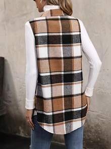 Women's Plus Size Sleeveless Plaid Button Cardigan Vest, Regular Fit Cardigan Waistcoat For Autumn/Winter - Khaki - View 3