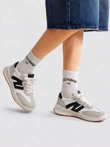 TCVC Color Block Stripe Decor Lace Up Sneakers, Retro Platform Low Top Casual Trainers, Women's Daily Walking Sports Shoes - Black - View 4