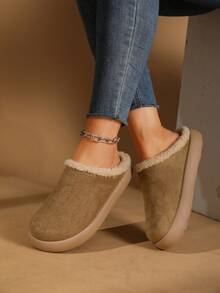 PWIIMG Women's Thick Sole Closed Toe Fuzzy Slippers, Fuzzy Lining Backless Slippers, Autumn Home Fuzzy Slippers Beach Fuzzy Lining Fine Fleece Home - Khaki - View 2