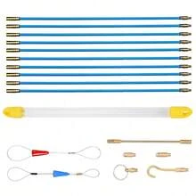 10pcs Fiberglass Running Electrical Wire Cable Kit, 1M Each, Including Push-Pull Cable Puller, Connectors For Electrical Access - Blue - View 8