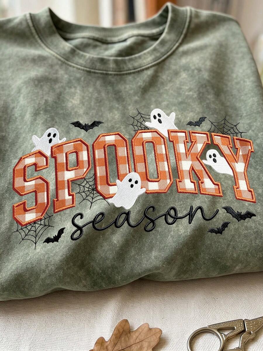 Plus Size Striped Halloween Ghost Appliques T-Shirt, Halloween Gift, Cozy Season Gift - Army Green - View 1