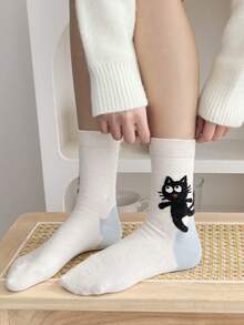 4 Pairs Autumn New Minimalist Sweet Cartoon Cat Style Versatile Mid-Calf Socks - Multicolor - View 4