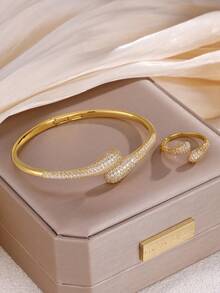 rakol Set Perhiasan Wanita 2 Buah Gelang dan Cincin Terbuka Berbentuk Tetesan Air Mata Warna Emas dengan Hiasan Batu Zirkonia Kubik - tetesan air - View 2