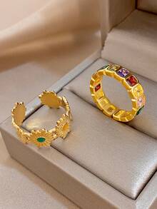 1Pc/Set Retro Flowers Open Ring Multicolor Rectangle Zirconia Ring,Gold Jewelry For Women,Party,Daily,Birthday Gifts,Christmas,Boho/Y2K/Fall/Halloween - Multicolor - View 4