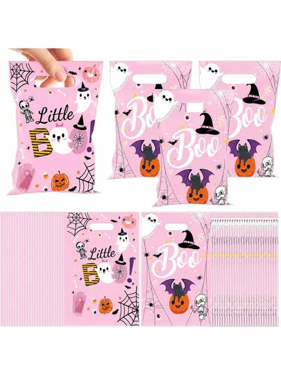 30pcs-Plastic Halloween Gift Bags With Handles; Pink Candy Bags Wholesale; Light Pink Ghost Pumpkin Candy Bags For Baby Girl 1st Birthday Halloween Party Supplies, Perfect For Halloween Party Supplies Little Monsters Coming Soon Party Bags, Trick Or Treat Gift Bags