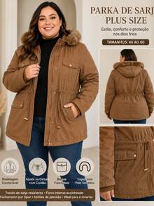 Casaco Parka de Sarja Plus Size Pelúcia Com Capuz Removível E ajuste Na Cintura E Bolsos  Casual    Jeans    Botão  Zíper    casaco feminina  Noite  Diário    inverno - Marrom Claro - Visão 2