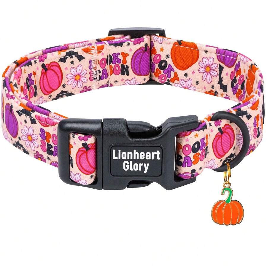 Lionheart Glory Halloween Dog Collar, Pumpkin & Bat Print, Adjustable Autumn Dog Collar, Dog Party Pet Gift - Multicolor - View 1