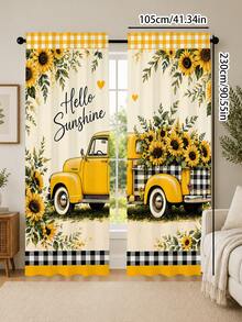 2pcs Beige American Country Style Printed Curtains, Vintage Yellow Pickup Truck Loaded With Sunflowers, Black White Yellow Plaid Trim, Hello Sunshine Heart Pattern, Pastoral Healing Living Room Bedroom Soft Light Semi-Sheer Curtains - Multicolor - View 13