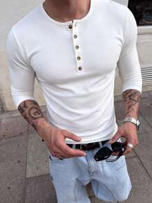 Men's Classic Button-Up Henley Collar Long Sleeve T-Shirt, Autumn/Winter Fashion Outfit Essential - White - View 2