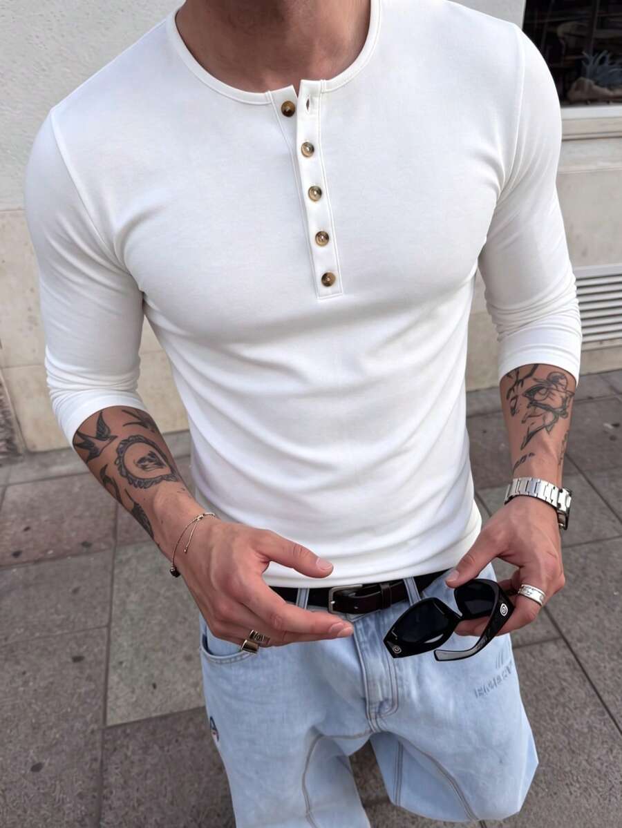 Men's Classic Button-Up Henley Collar Long Sleeve T-Shirt, Autumn/Winter Fashion Outfit Essential