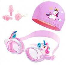 Cute Animal Theme Beach Swimming Goggles, PU Swim Cap, Nose Clip And Ear Plugs, Suitable For Boys, Girls And Children, Multiple Cute Styles - Multicolor - View 3