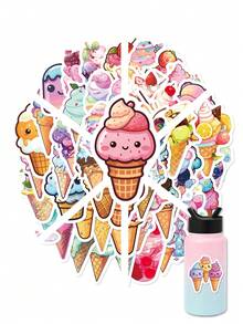 50Pcs Colorful Ice Cream Journal Stickers, Lovely Summer Dessert Cartoon Patterns Of Fruit‑Decorated Cones And Rainbow Sundaes, Suitable For Scrapbook, Tumbler, Tablet, Suitcase, Pencil Box - Multicolor - View 2