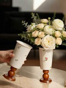 1pc French Vintage Ceramic Vase With Wooden Base, Floral Pattern Decorative Vase, Elegant Luxury Home Decor, Suitable For Living Room, Dining Table, Entryway, Shelf, Can Hold Fresh Flowers Or Dried Flowers, Unique Housewarming Gift, Ramadan And Eid Gift - Wooden High Legs - View 8