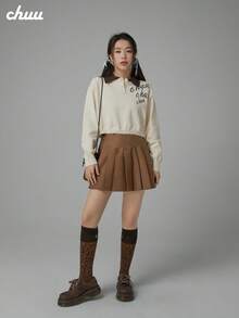 CHUU Letter Embroidered Knit Sweater Women Autumn POLO Collar Long Sleeve Short Pullover - Apricot - View 2