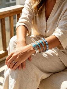 Yanxyad 1/4Pcs Western Boho Turquoise Open Cuff Bangle Set, Antique Silver Carved Cross Adjustable Bracelets For Women - Turquoise - View 6
