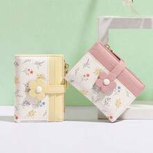 New Korean Cute Floral PU Leather Short Wallet Student Coin Purse Card Holder Zipper Pouch For Women Wallet Mini Wallet Purse Wallet Small Wallet Cute Wallet Wallet Fall Autumn - Pink - View 8
