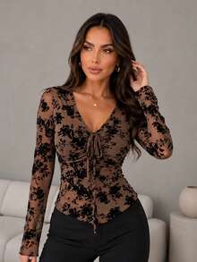 ChicMe Women's Deep V-Neck Mesh Top, Flocked Floral Drawstring Ruched Slim Fit Blouse, Lined Bell Sleeve Long Sleeve Top - Coffee Brown - View 3