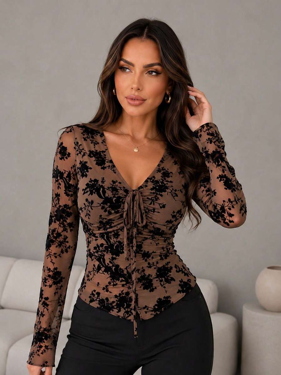 ChicMe Women's Deep V-Neck Mesh Top, Flocked Floral Drawstring Ruched Slim Fit Blouse, Lined Bell Sleeve Long Sleeve Top - Coffee Brown - View 1