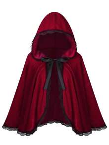 1 Pieza Capa con Capucha de Terciopelo Gótico para Mujer, Capa de Caperucita Roja para Cosplay con Ribete de Encaje en Contraste para Halloween y Fiesta de Navidad - Burdeos - Ver 1