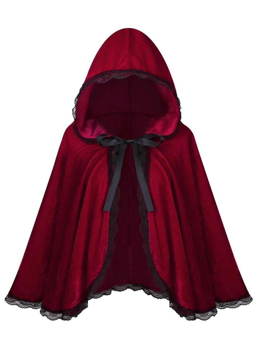 1 Pieza Capa con Capucha de Terciopelo Gótico para Mujer, Capa de Caperucita Roja para Cosplay con Ribete de Encaje en Contraste para Halloween y Fiesta de Navidad - Burdeos - Ver 1
