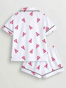 2pcs/Set Women's Pajama Set, Lobster Print, Women's Loungewear, Spring/Summer Holiday Outfit, Short Sleeve Top And Shorts Set - White - View 2