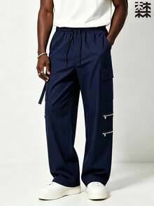 mulinsen Men's Multi-Pocket Straight Leg Drawstring Pants, Zipper Decor Cargo Design, Casual Style Suitable For Daily And Weekend Wear - Blue - View 6