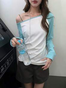 配色對比插肩袖透視長袖修身休閒上衣，白色 - 白色 - 查看 6