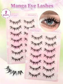 Asiteo 7 Pairs Spiky Cartoon Style False Eyelashes, Puppy Eye Design, Faux Mink Hair, Transparent Band, Anime Style, Suitable For Daily, Party, Beach - Black - View 1