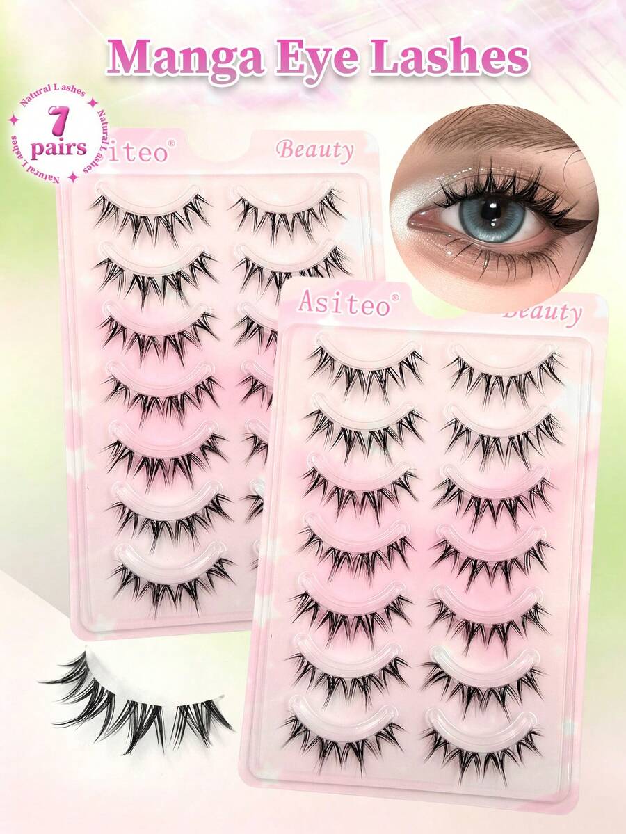 Asiteo 7 Pairs Spiky Cartoon Style False Eyelashes, Puppy Eye Design, Faux Mink Hair, Transparent Band, Anime Style, Suitable For Daily, Party, Beach - Black - View 1
