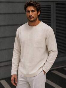 Men's Casual Business Commute Top, Solid Color Long Sleeve T-Shirt, Autumn/Winter Inner Layer - Apricot - View 2