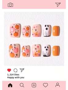 Halloween 24pcs Short Square Press-On Nails, Ghost, Flower, Pumpkin Pattern Design, Acrylic Material Set Includes: 1pc Jelly Glue And 1pc Nail File - Multicolor - View 2