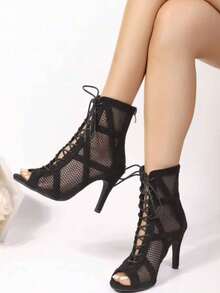 Mesh Hollow Jazz Dance High Heel Sandals, Open Toe Style, Suitable For All Seasons - Black - View 2
