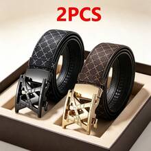 2pcs New Fashion Men's Belt, Classic Letter Design, High Quality Alloy Automatic Buckle, Exquisite Printing, Lightweight & Business Style - Multicolor - View 1
