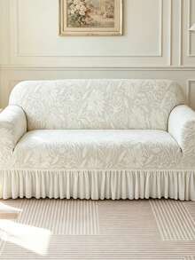 1pc Jacquard Skirt Style Stretch Sofa Cover, Dust-Proof And Stain-Resistant Elastic Full Coverage Sofa Protector, Living Room Home Decor, Machine Washable - Beige - View 8