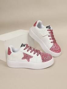 1 Pair Girls' Star Sequin Minimalist Lace-Up Casual White Sneakers Flat Shoes - Pink - View 5