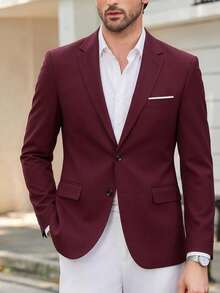 Solid Color Lapel Single Button Blazer Men's Slim Fit Business Casual Commute Versatile Single Jacket - Red - View 1