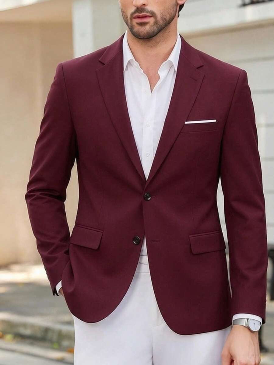 Solid Color Lapel Single Button Blazer Men's Slim Fit Business Casual Commute Versatile Single Jacket - Red - View 1