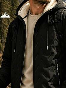 1pc Men's Autumn/Winter Thermal Lined Solid Color Hooded Padded Coat - Black - View 2