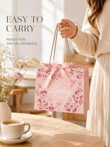 1pc Personalized Gift Bag With Ribbon, Customized Name Bridesmaid Gift Bag, Foldable Lightweight Tote Bag, Suitable For Bridal Shower And Party Favors - Multicolor - View 4