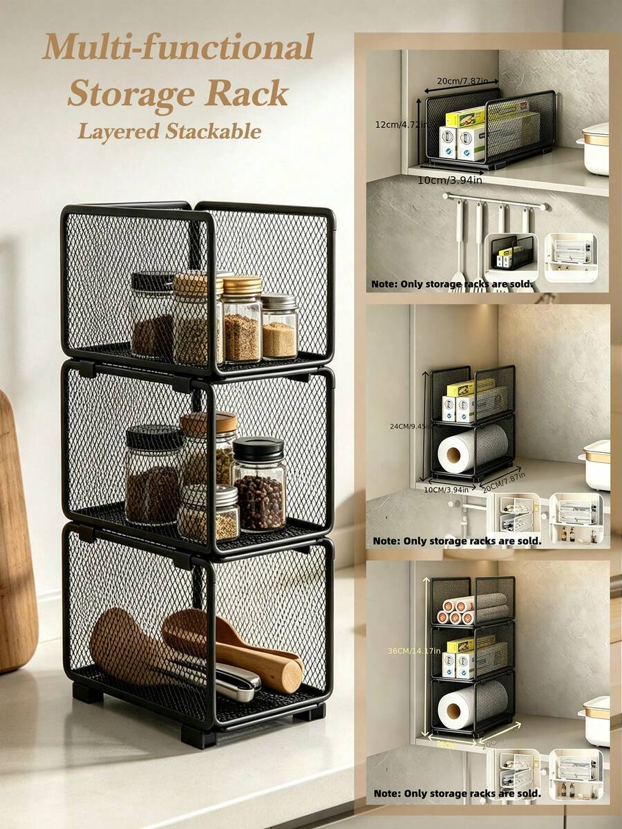 Multifunctional Kitchen Storage Rack, Stackable Mesh Layered Organizer ...
