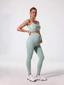 Maternity High Waist Seamless Elastic Solid Color Leggings - Baby Blue - View 4