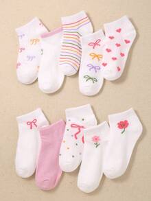 5/10/20 Pairs Random Style Halloween Bowknot Floral Striped Heart Pattern Girls Short Socks, Back To School Season Children Socks, Soft Elastic Breathable School Socks - Multicolor - View 5