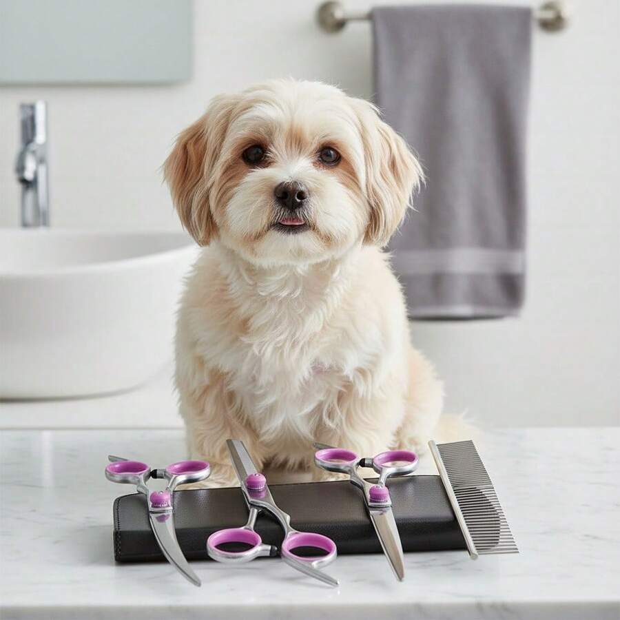 ENSSU [ Bestseller]6-In-1 Professional Canine Grooming Scissor Set With Curved Scissors And Comb | Stainless Steel, Universal Hand Orientation, 6.5 Inch Blade Length, Pet Hair Trimming Kit For Dogs And Cats