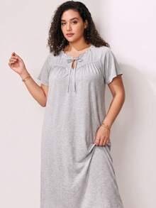 Spring/Summer Plus Size Loose Ruffle Milk Silk Nightgown Dress For Women, Bow Ruffle, Elegant Casual Sweet - Light Grey - View 2