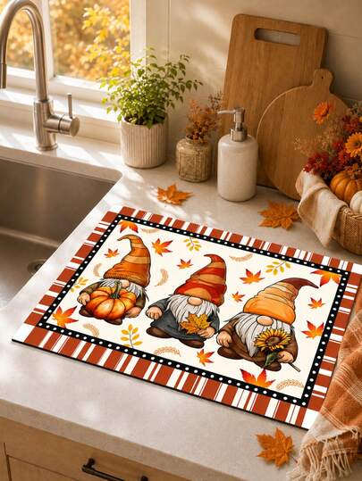 1pc Orange Autumn Gnome Pumpkin Maple Leaf Pattern Dish Drying Mat, Rustic Farmhouse Country Style Cartoon Print Design, Non-Slip Countertop Protector, Suitable For Autumn, Thanksgiving, Harvest Celebration, Daily Kitchen And Dish Drying