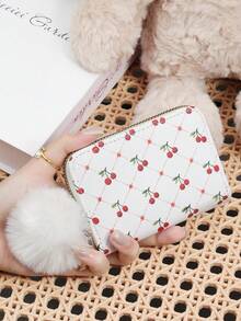 Fashionable Cherry Print Simple Portable Coin Wallet Zipper, With A Pom-Pom Charm, Multi Purpose Women's Wallet Card Bag - White - View 8