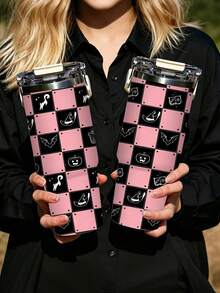 1pc/5pcs 30oz Pink Plaid Halloween Stainless Steel Insulated Tumbler With Handle And Straw, Bat, Pumpkin And Witch Element Print Design, Perfect Birthday And Holiday Gift, Leak-Proof Flip Lid, Suitable For Travel, Work, Fitness And Daily Outdoor Use - Multi-color - Pink and Black Plaid - View 8