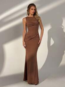 Elegant Twisted Ruched Backless Fitted Maxi Dress, Suitable For Wedding Guest, Summer Party, Beach Vacation, Holiday, Autumn Outing - Brown - View 3