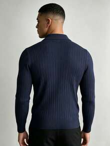 WAIT HIM 100% Cotton Men's Casual Solid Color Long Sleeve Ribbed Undershirt - Navy Blue - View 6